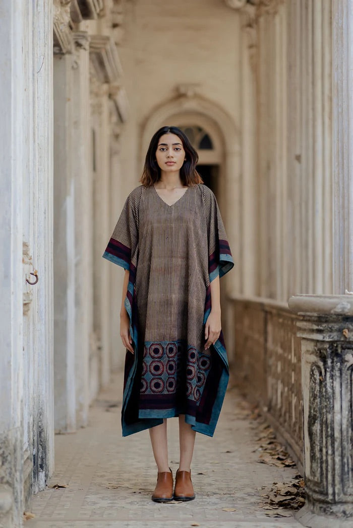 Caftan coton imprimé au block-print Vrajbhoomi