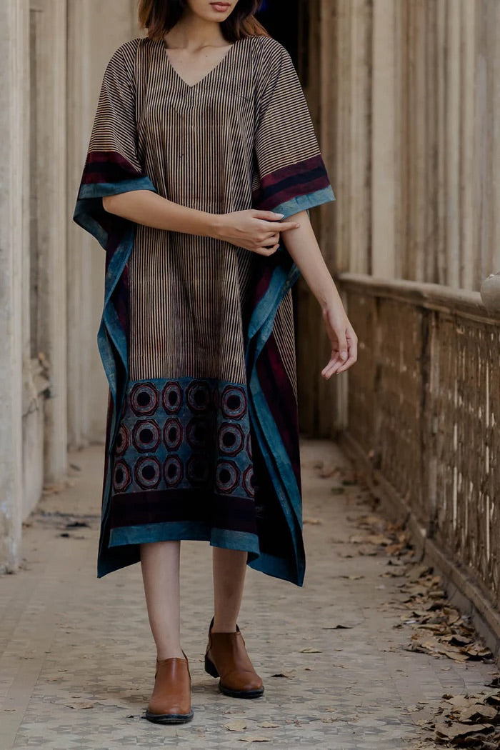 Caftan coton imprimé au block-print Vrajbhoomi